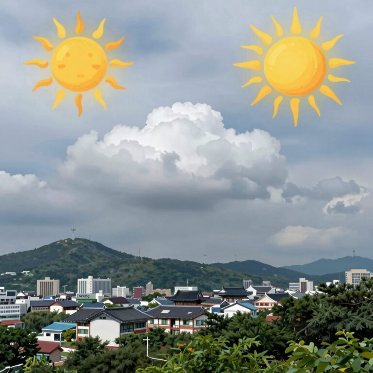 2026년 7월 날씨 전망 일러스트, 장마와 폭염을 상징하는 구름과 태양