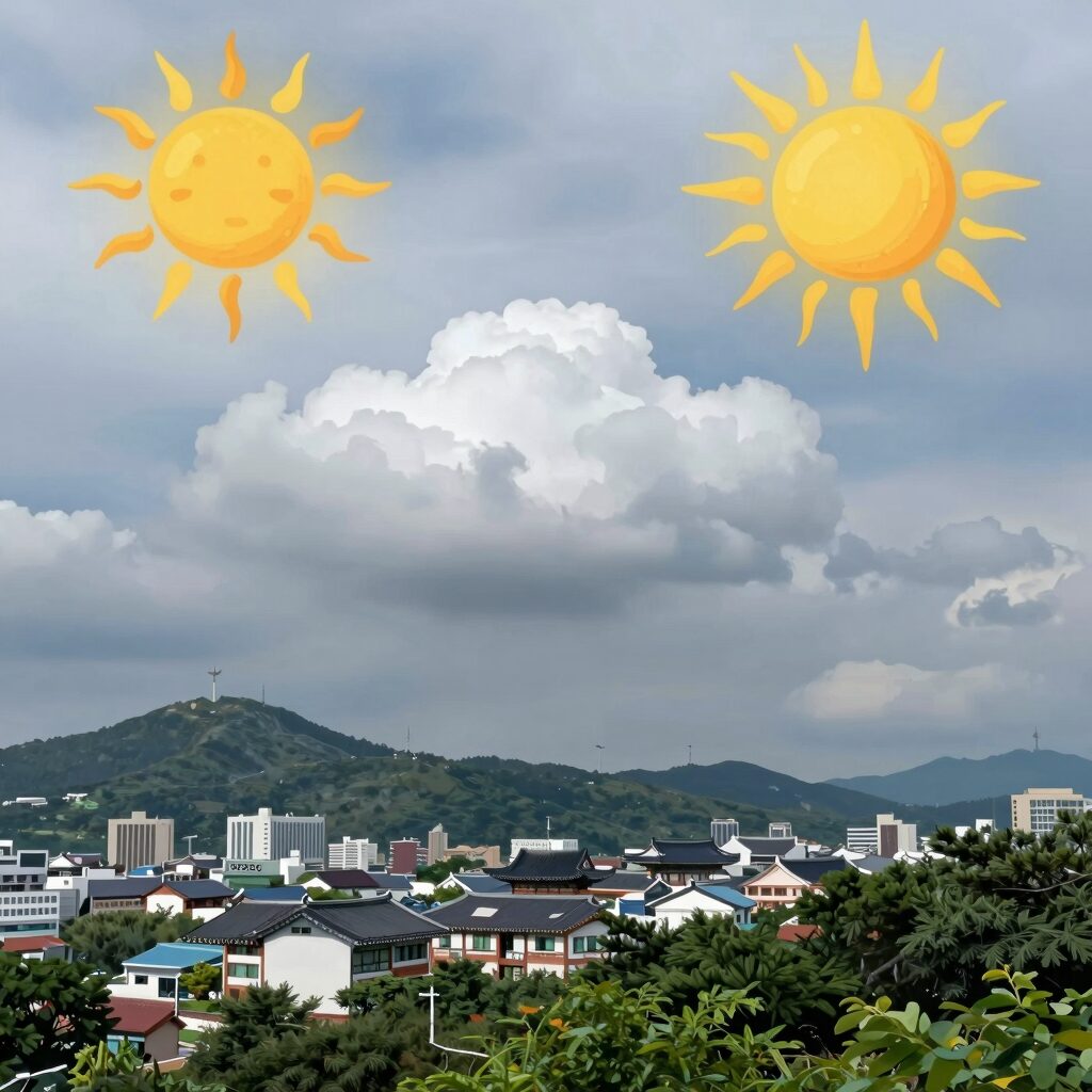 2026년 7월 날씨 전망 일러스트, 장마와 폭염을 상징하는 구름과 태양
