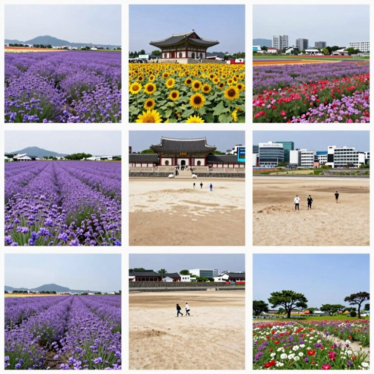 7월 축제 여행 루트 추천 이미지: 삿포로 라벤더, 제주 수국, 보령 머드, 대구 치맥 축제가 한눈에 보이는 콜라주 사진