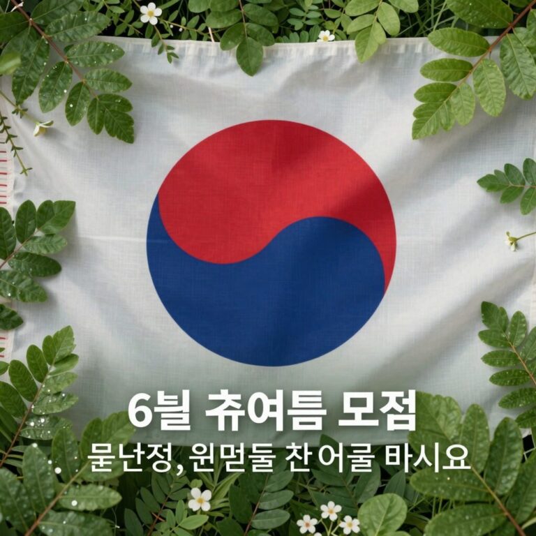 6월 초여름 모임 인사말 이미지, 싱그러운 초록과 태극기 배경