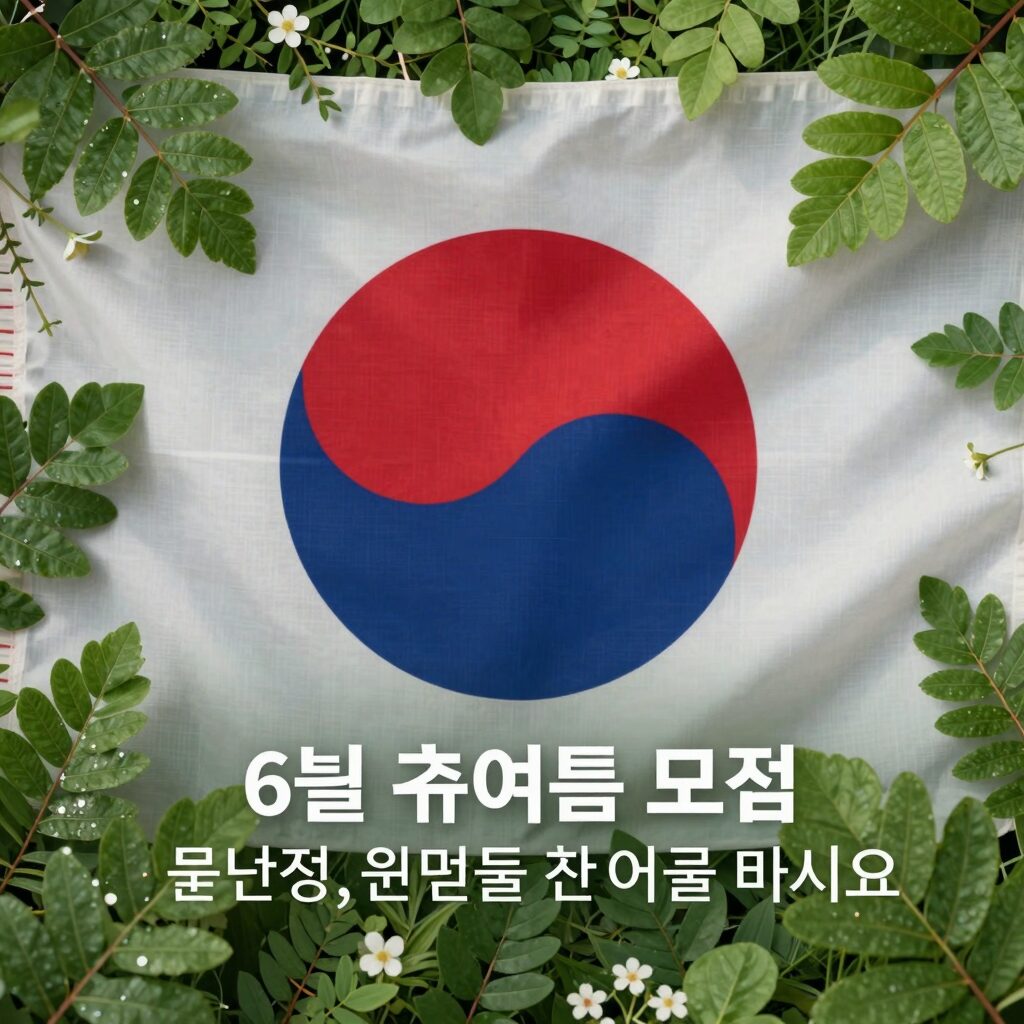 6월 초여름 모임 인사말 이미지, 싱그러운 초록과 태극기 배경