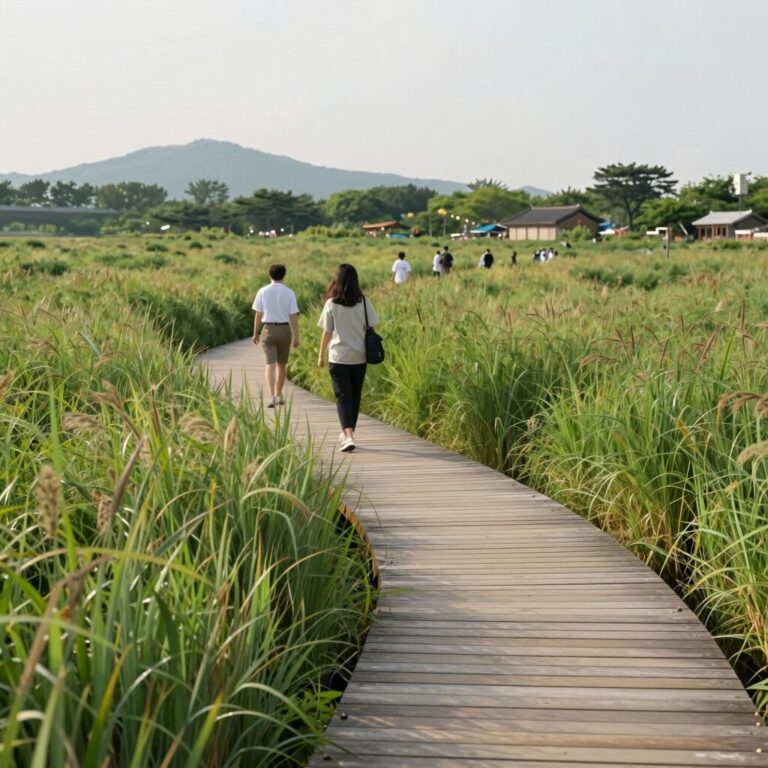 6월 데이트 여행지로 추천하는 강진만생태공원 갈대밭과 데크 산책로 모습