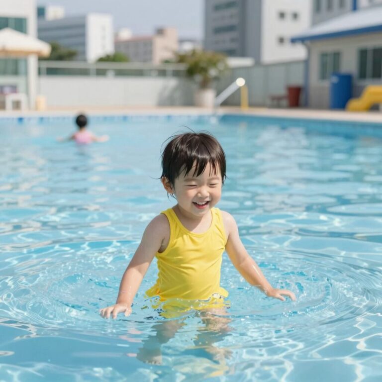 아이가 노란색 수영복을 입고 물놀이를 즐기며 웃고 있는 모습