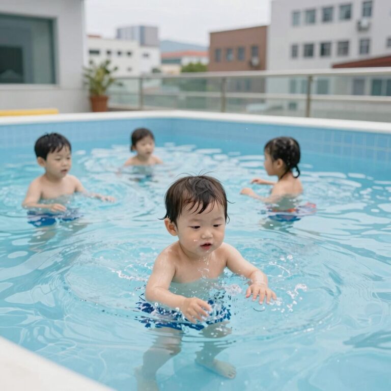 실내 유아 풀장에서 아이가 물장난을 즐기는 모습