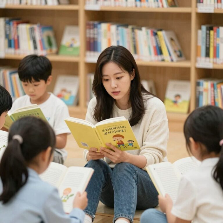 개그우먼 김지선이 초록리본도서관에서 아이들에게 동화책을 읽어주는 모습