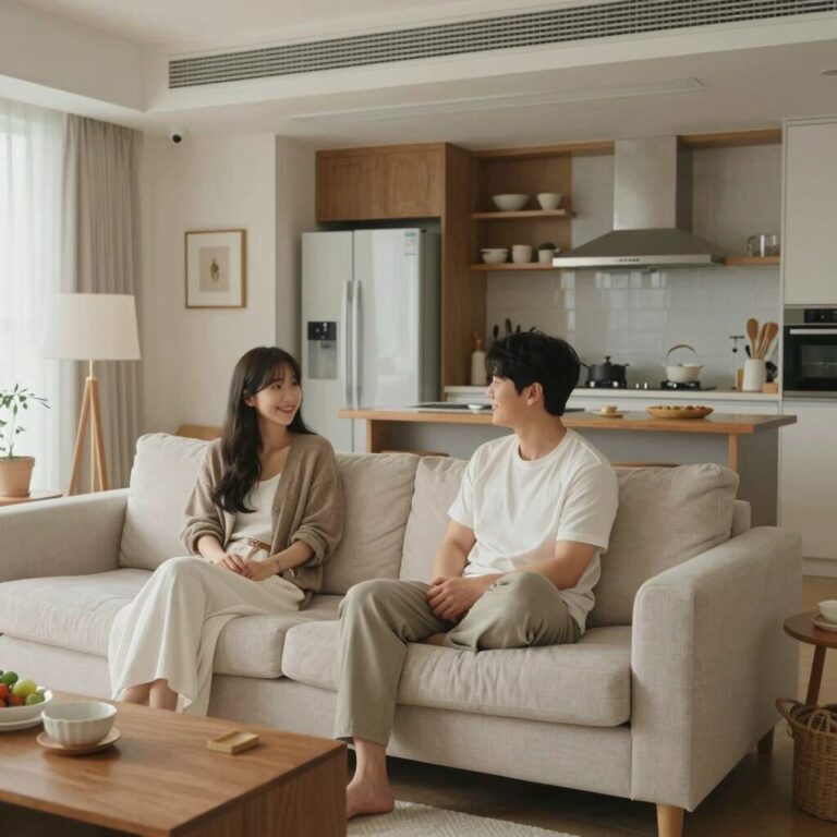 김준호와 김지민 신혼집 거실 소파와 오픈 주방이 보이는 전경