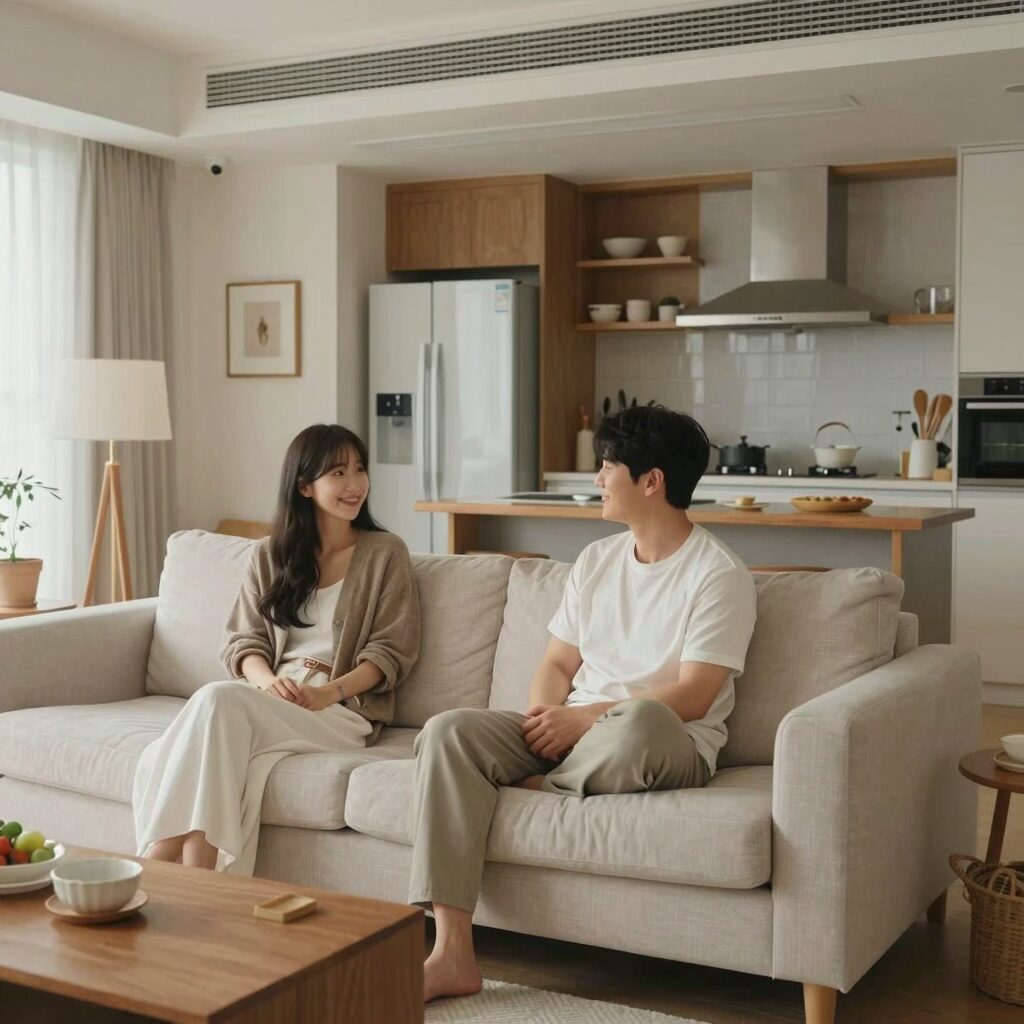 김준호와 김지민 신혼집 거실 소파와 오픈 주방이 보이는 전경
