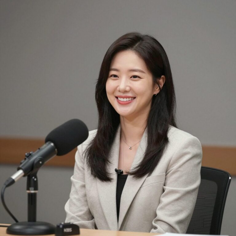 KBS 아나운서 김선근이 스튜디오에서 마이크를 들고 환하게 웃고 있는 모습. 전문성과 친근함을 동시에 느끼게 하는 사진이다.