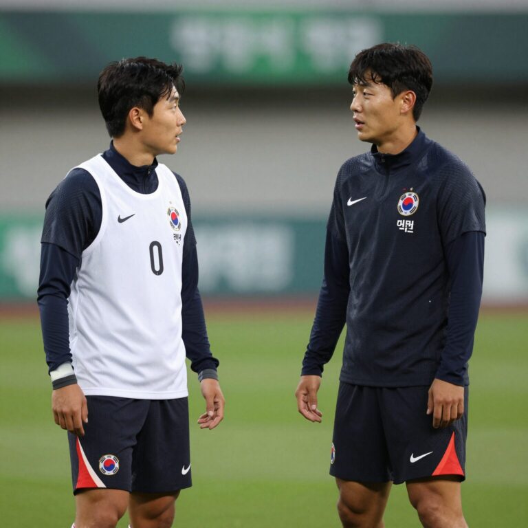 대한민국 축구 대표팀 체코전 훈련 장면 김민재와 손흥민이 대화하는 모습
