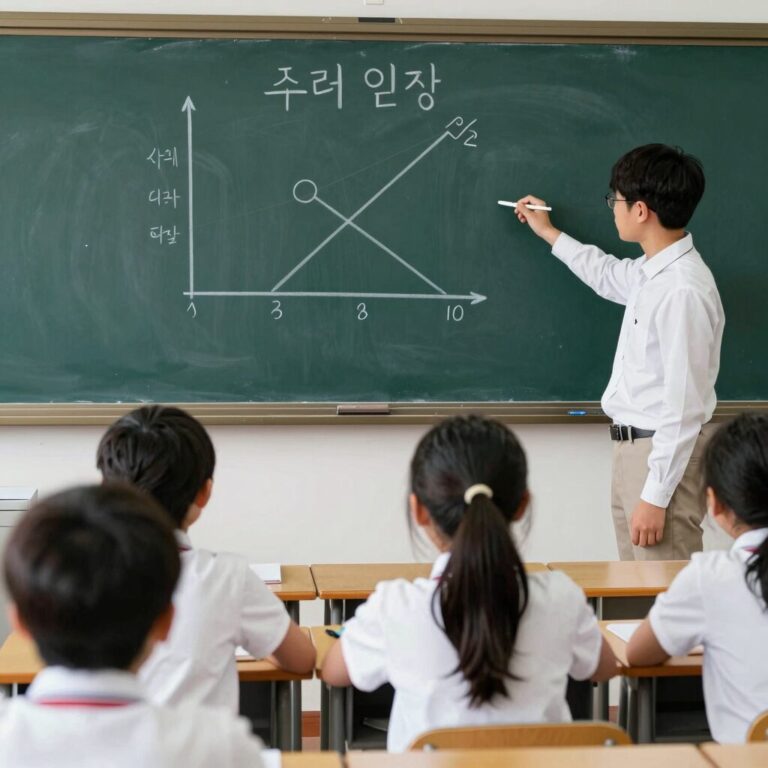 초등학교 6학년 학생들이 우리말 사용 실태를 조사하는 활동 모습. 칠판에 그래프와 표가 그려져 있다.