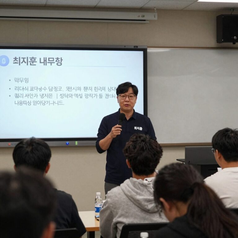 최지훈 대표가 리더십 교육 현장에서 팀장들에게 대화법을 설명하고 있는 모습