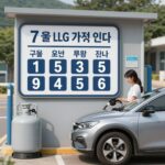 7월 LPG 가격 인하를 알리는 충전소 가격표판과 주유하는 차량 모습