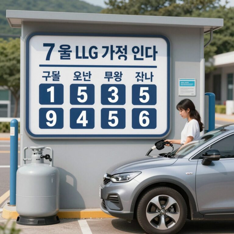 7월 LPG 가격 인하를 알리는 충전소 가격표판과 주유하는 차량 모습