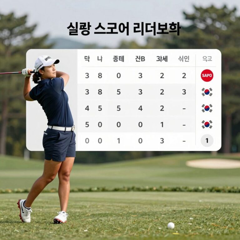LPGA 실시간 스코어 리더보드 화면과 다양한 중계 플랫폼 로고
