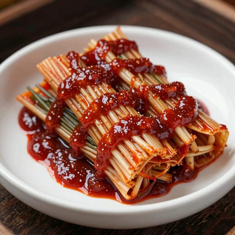 매실장아찌무침 접시에 담긴 사진, 고추장 양념이 골고루 묻어 있음