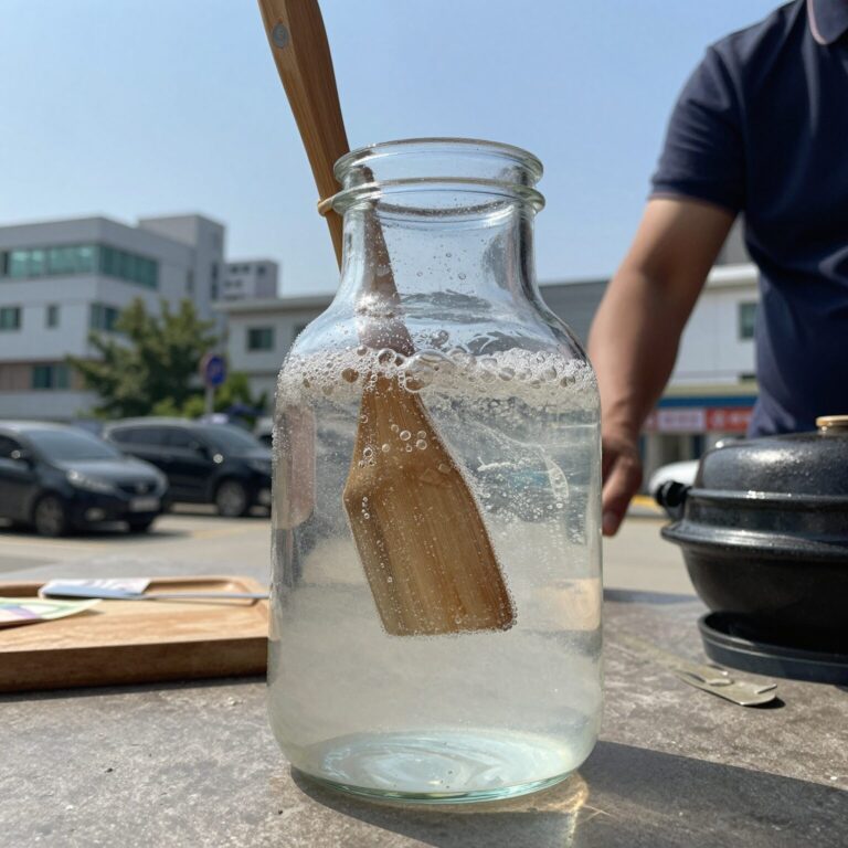 매실청 거품이 올라온 유리병을 나무 주걱으로 저어주는 모습