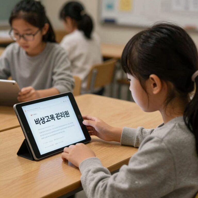 중학생이 태블릿으로 비상교육 온리원 강의를 시청하며 기말고사를 준비하는 모습