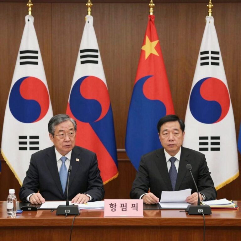 중동 평화 협상 회의 테이블에 양국 국기가 나란히 놓여 있는 모습