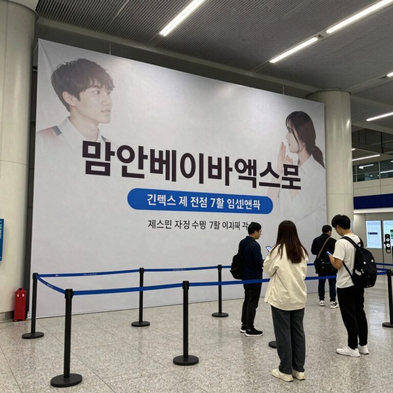 킨텍스 제2전시장 7홀 입구에 설치된 맘앤베이비엑스포 안내 배너와 입장 대기줄 모습