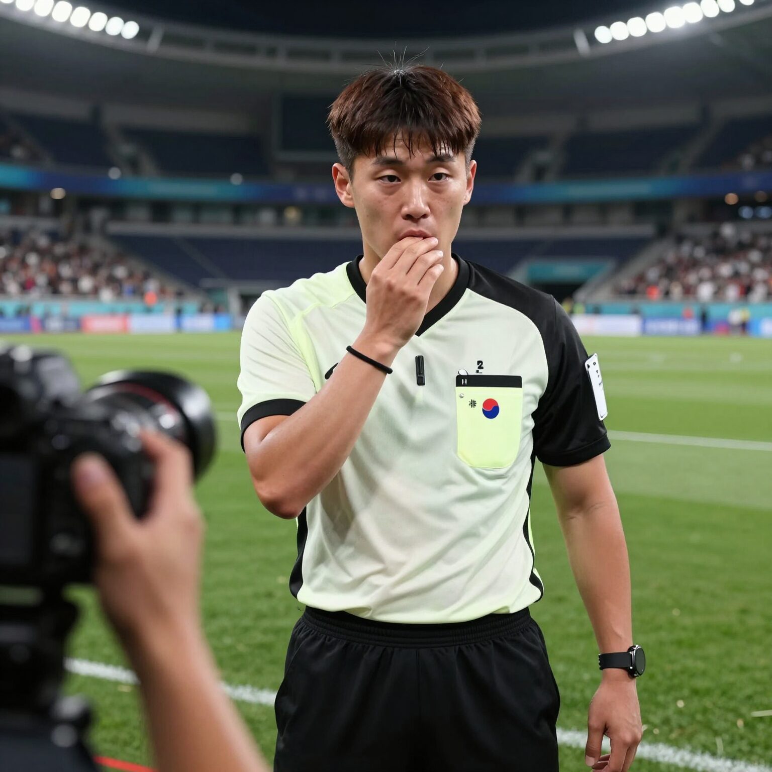 2026 월드컵 경기 중 선수가 손으로 입을 가리자 심판이 레드카드를 꺼내 퇴장시키는 장면