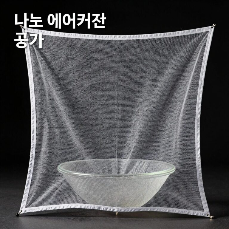 나노 에어커튼의 공기 입자 분사 원리와 기존 방식과의 차이를 비교한 다이어그램