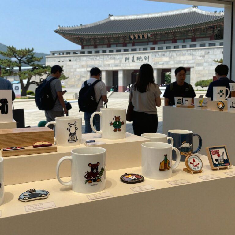 국립중앙박물관 굿즈 매장에서 진열된 다양한 굿즈 모습. 머그컵, 뱃지, 미니어처 등이 보인다.