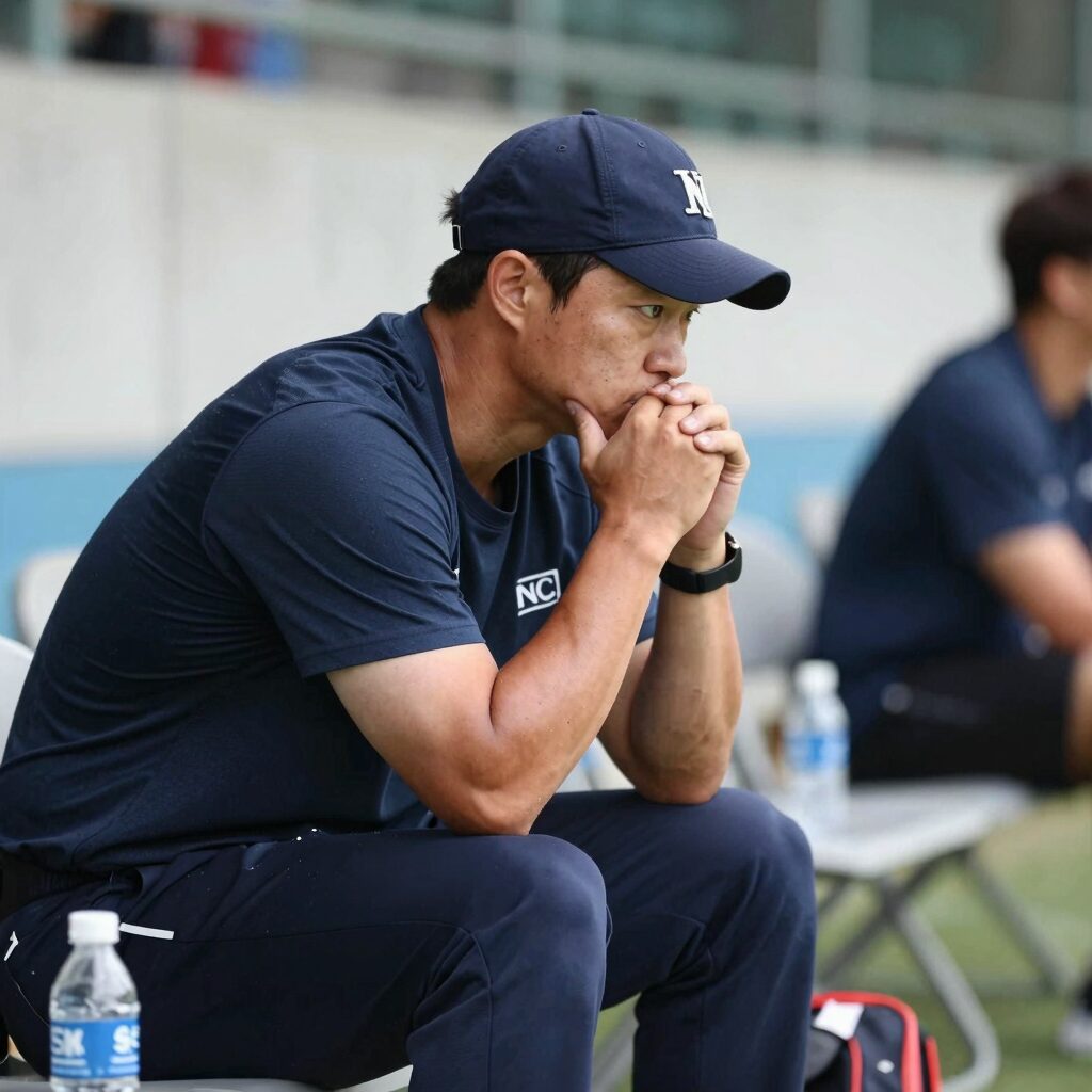 NC 다이노스 이호준 감독이 더그아웃에서 경기를 지켜보며 고민하는 모습