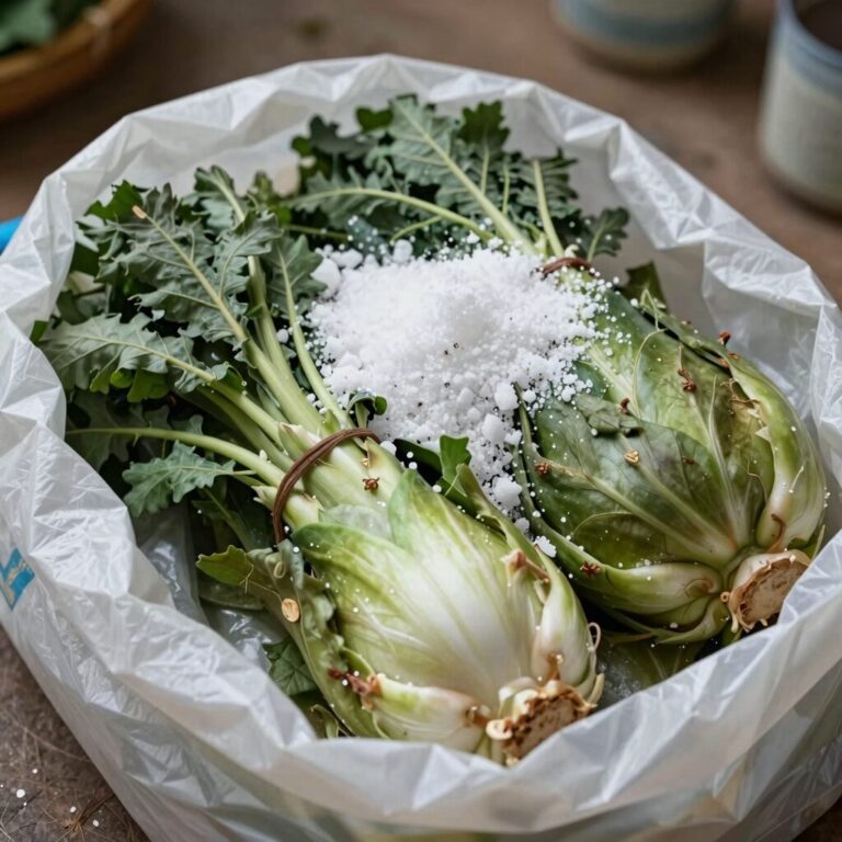 김장 비닐에 차곡차곡 쌓은 오이 위에 소금 설탕 식초 소주를 부은 모습