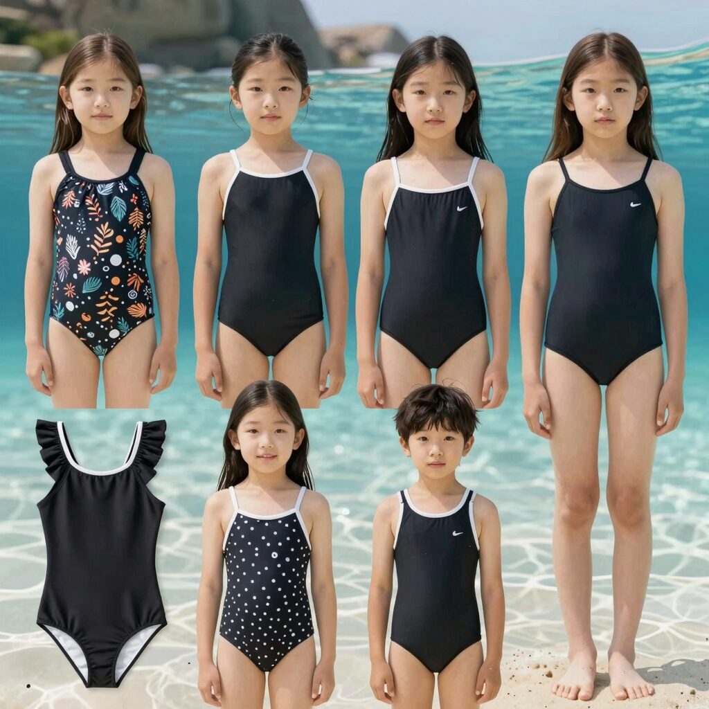다양한 원피스 수영복 스타일 비교 사진 블랙 기본형 에스닉 모노키니 키즈 생존수영 실내 강습용