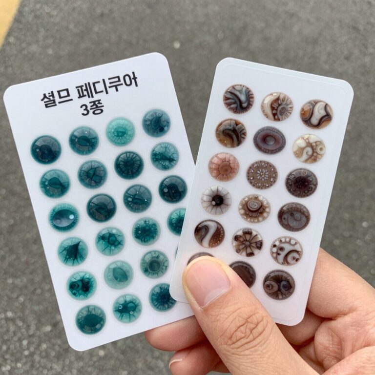 셀프 페디큐어 스티커 3종 비교 사진 잇템샵 젤리팝 진주 자개 코우브 젤 스티커 발톱에 부착한 모습
