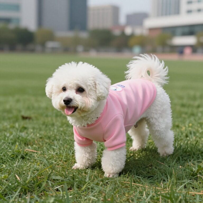 강아지가 입은 핑크색 민소매 티셔츠 완성된 옷을 입고 편안해하는 반려견의 모습