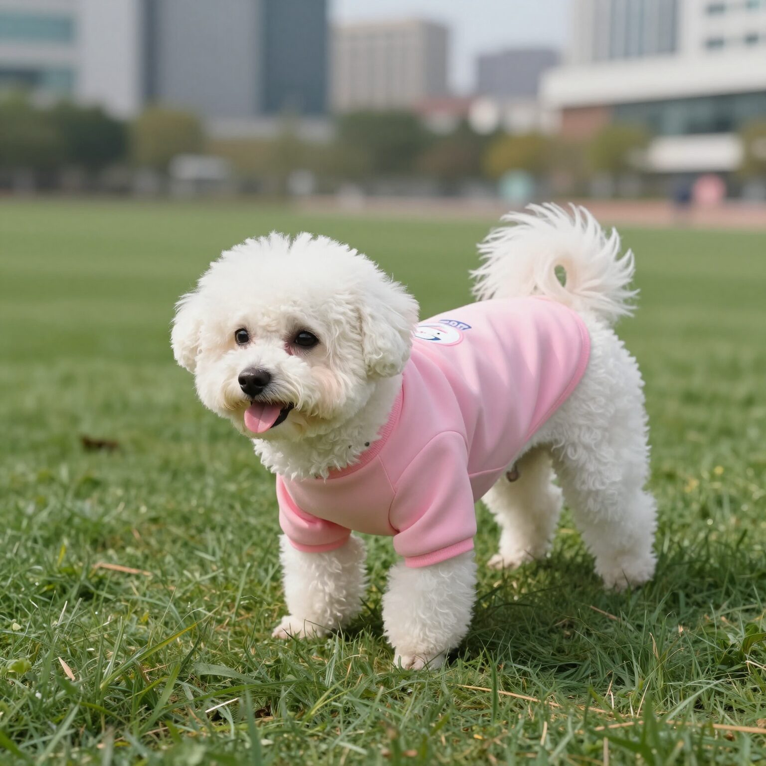 강아지가 입은 핑크색 민소매 티셔츠
완성된 옷을 입고 편안해하는 반려견의 모습