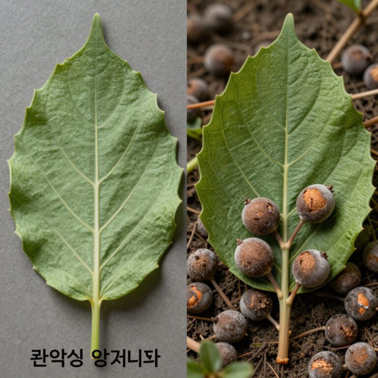 마약성 양귀비와 관상용 양귀비 잎과 열매 비교
