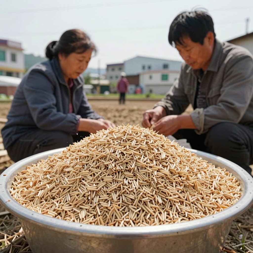 감자를 곱게 채 써는 과정, 채 썬 감자가 그릇에 담겨 있음