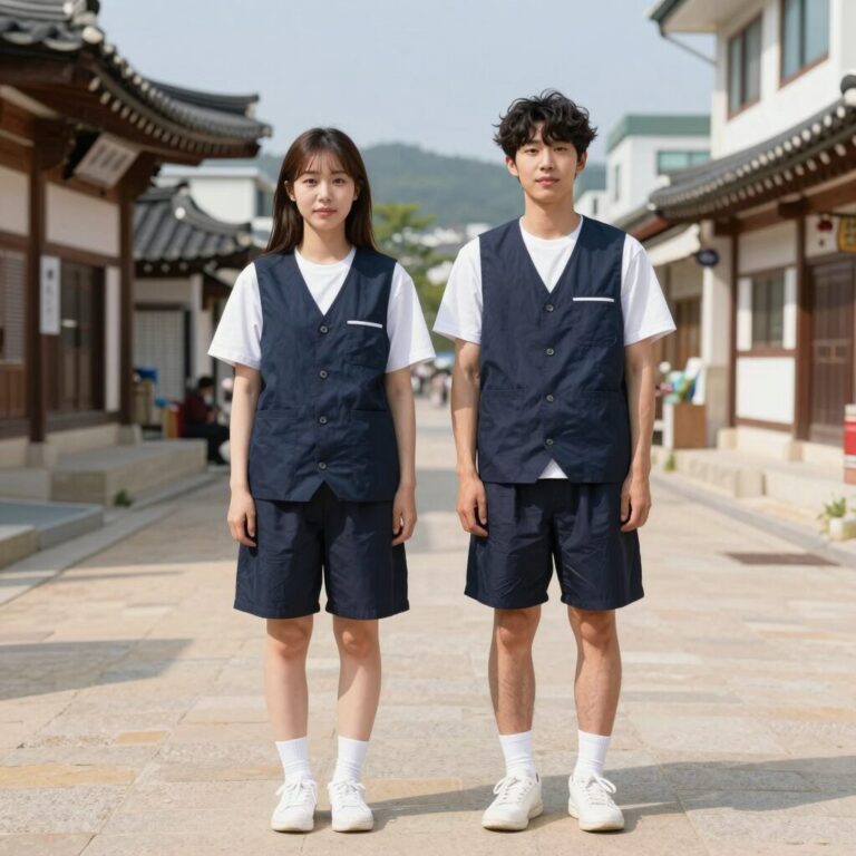 전주 풍기인견블리스 샵에서 구매한 인견 남방과 반바지 세트를 입고 있는 모습 시원하고 가벼운 느낌을 전달