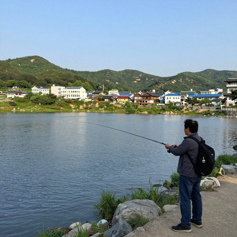 평창 펜션 여울롯지 전경과 플라이낚시 체험 장면