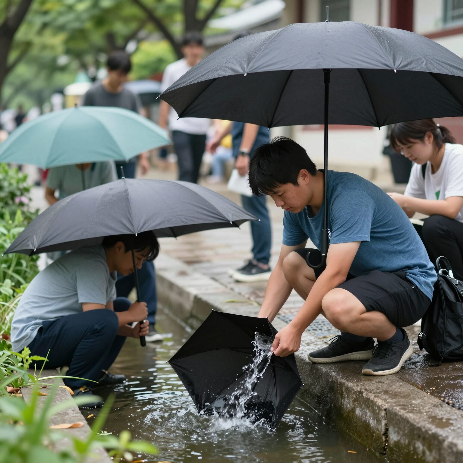 한국 6월 장마철 배수로 점검과 우산 준비 장면