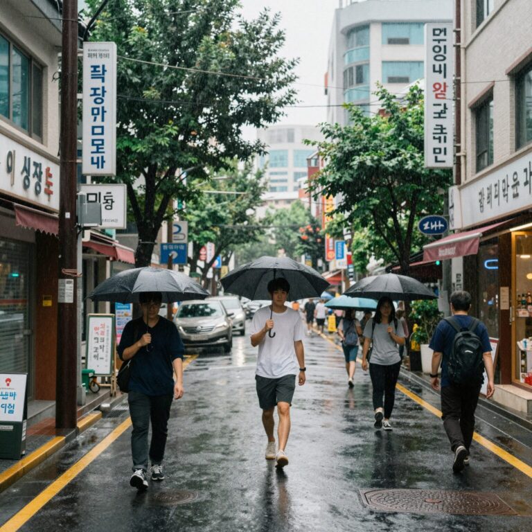 2026년 장마철 비 오는 도시 거리 풍경
