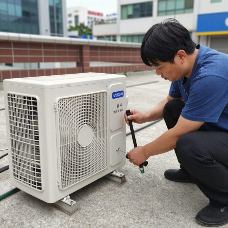 삼성 에어컨 냉매 충전 작업 모습 실외기 배관 연결부 점검