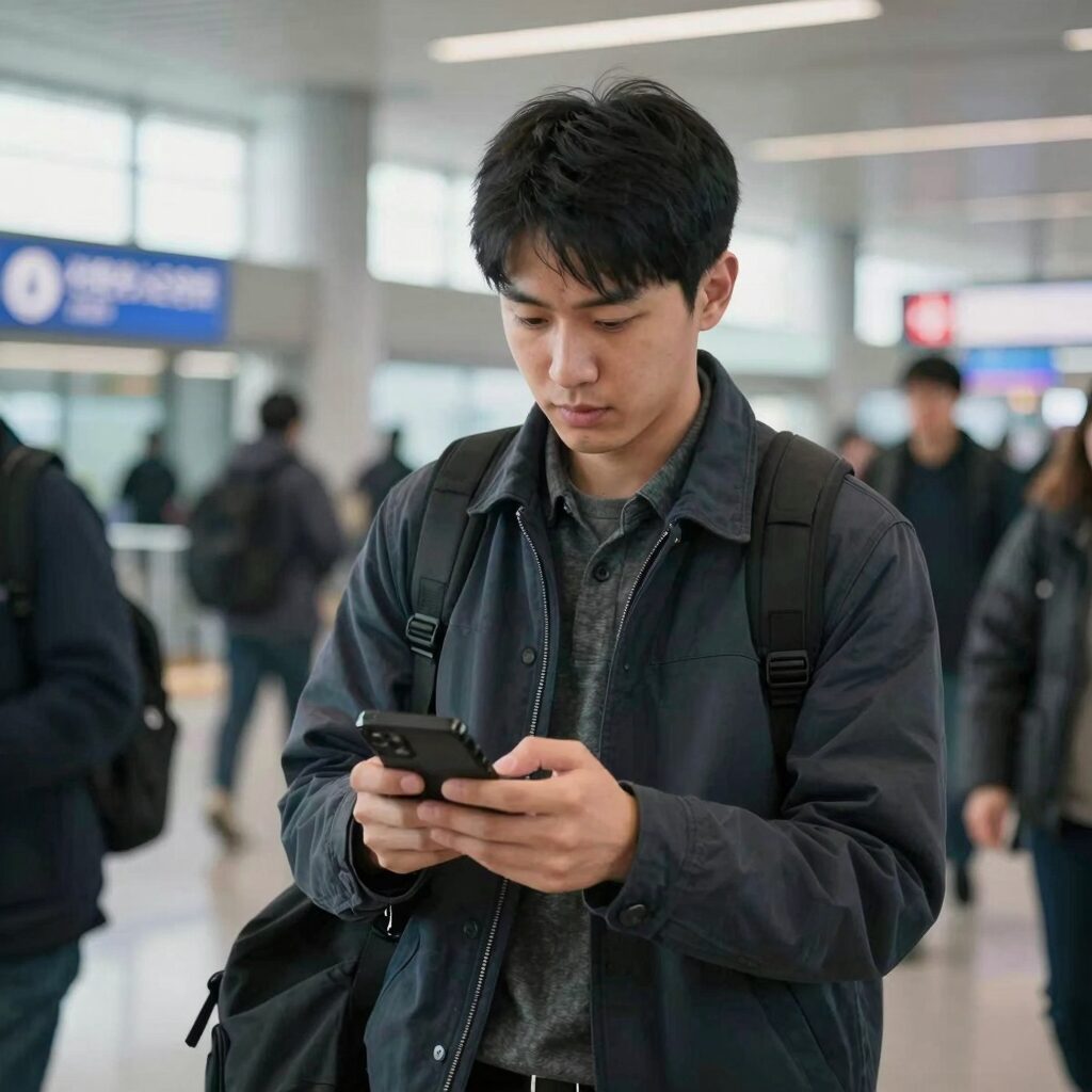 샌프란시스코 국제공항 도착 후 시간을 확인하는 모습