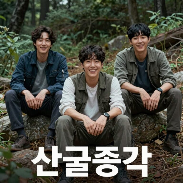산골총각 영웅 포스터, 임영웅과 차승원 등 출연진이 산속에서 즐거운 시간을 보내는 모습