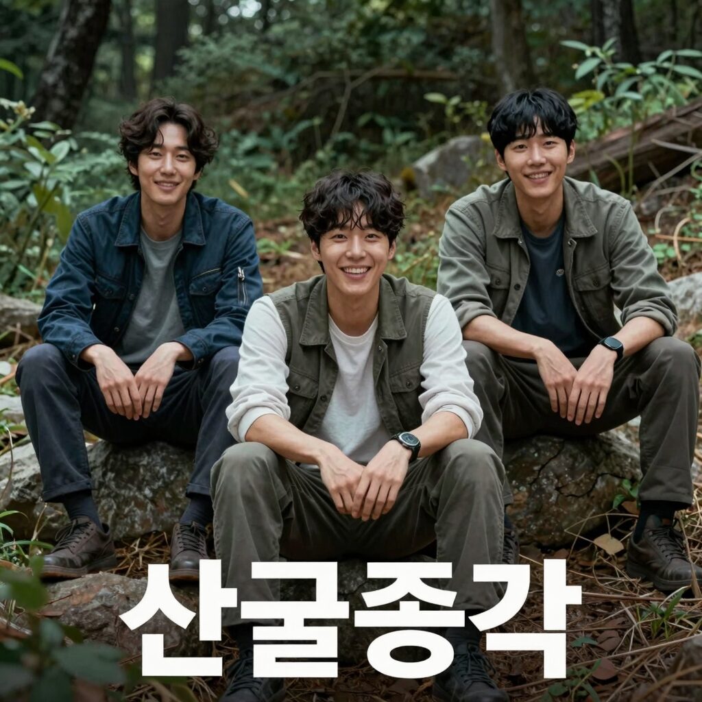산골총각 영웅 포스터, 임영웅과 차승원 등 출연진이 산속에서 즐거운 시간을 보내는 모습