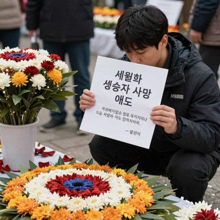 세월호 생존자 사망 애도하는 국화꽃과 추모 메시지