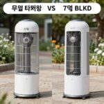 신일 선풍기 두 가지 타입 무엽 타워형과 7엽 BLDC 스탠드형의 주요 특징 비교 이미지