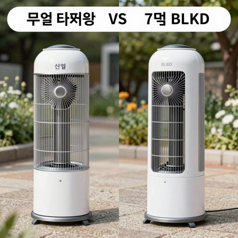 신일 선풍기 두 가지 타입 무엽 타워형과 7엽 BLDC 스탠드형의 주요 특징 비교 이미지