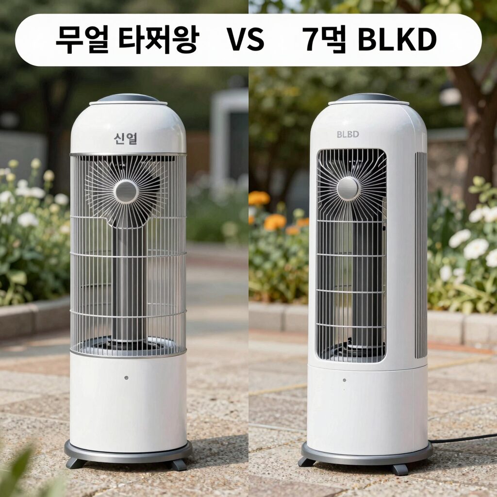 신일 선풍기 두 가지 타입 무엽 타워형과 7엽 BLDC 스탠드형의 주요 특징 비교 이미지