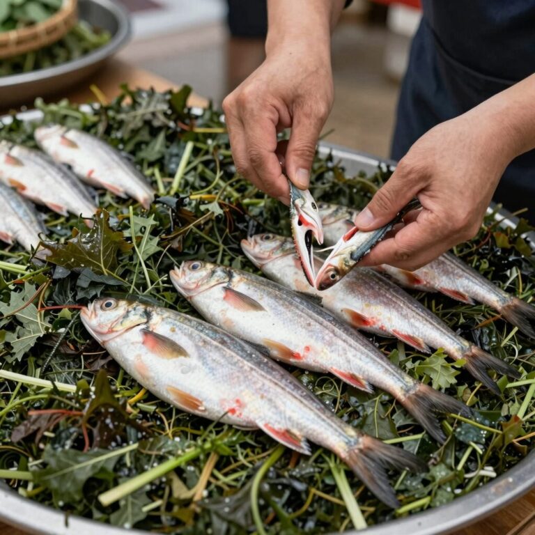 신안 병어축제에서 갓 잡은 병어회와 깻잎쌈을 준비하는 모습