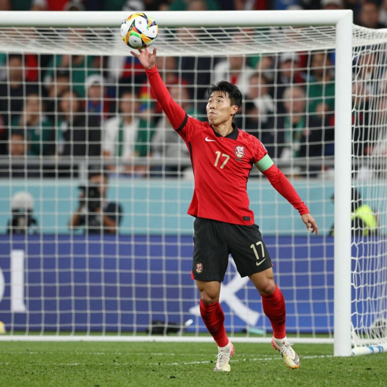 Son Heungmin scoring a half volley goal against Mexico in the friendly match