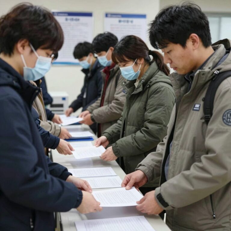 송파구 투표소에서 투표용지 부족으로 유권자들이 줄 서서 기다리는 모습