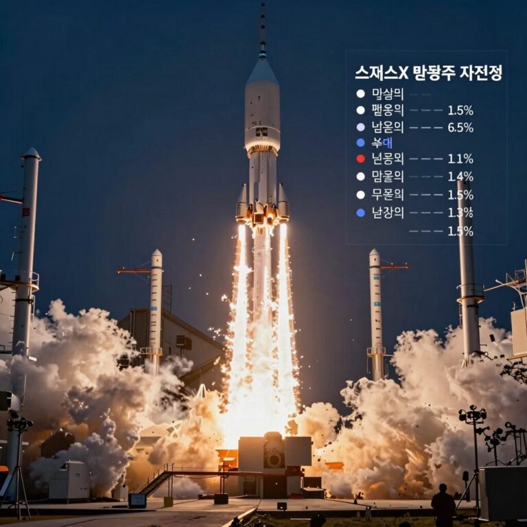 스페이스X 관련주 투자 전략 이미지로 팰컨9 발사 사진과 그래프 차트가 합성됨
